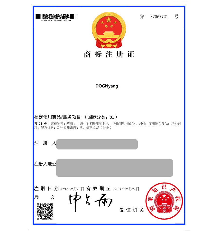 유레카 해외등록 성공! 중국 상표 출원 “DOGNyang” 반려동물 식품, 강아지 사료, 펫푸드, 가축사료 상표권 특허 등록 절차, 방법, 심사 등록증 썸네일