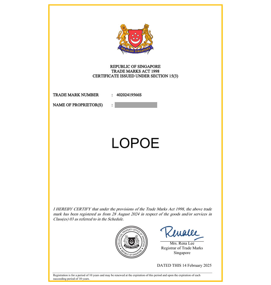 유레카 해외등록 성공! 싱가포르 상표 출원 “LOPOE” 싱가폴, 미용, 화장품, 메이크업, 로션 절차, 방법, 심사, 상표권 특허 등록 등록사례 썸네일